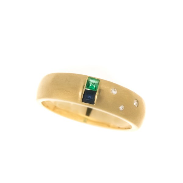 Kultainen Smaragdi/Sinisafiiri sormus timanteilla